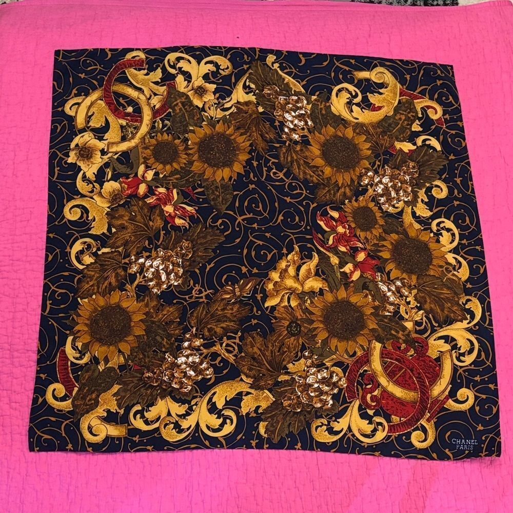 CHANEL Sunflower and Scroll Silk Scarf, 33x33 inches
